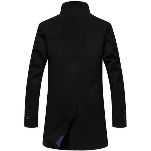 Men's  Black Trench Coat Long Wool Blend Overcoat Slim Fit Down Topcoat - Picture 2 of 6